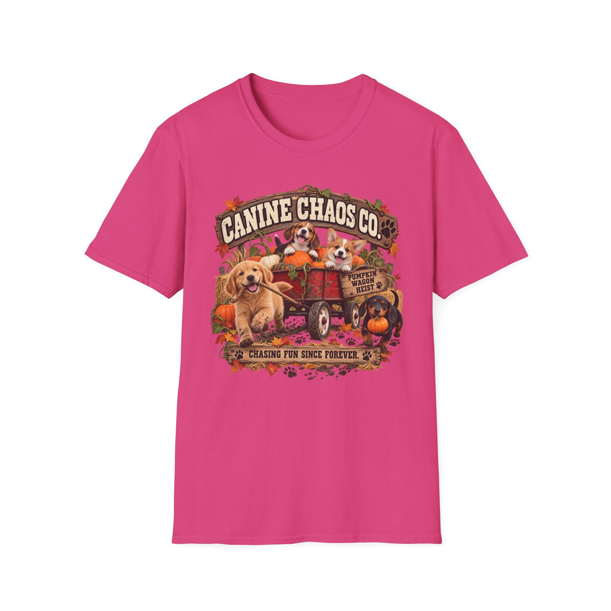 Canine Chaos Co. Fall Dogs T-Shirt — "Chasing Fun Since Forever"