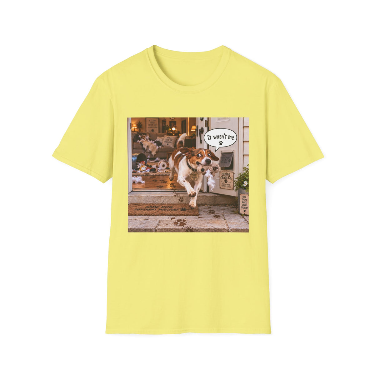 Funny Dog T-Shirt – 'It Wasn't Me' Running Pup Graphic Tee