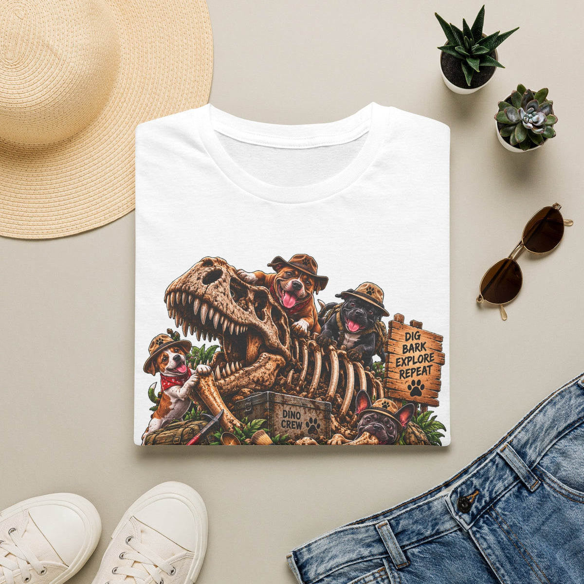 Canine Chaos Co. T-Shirt – Dino Skeleton Dog Adventure Graphic Tee
