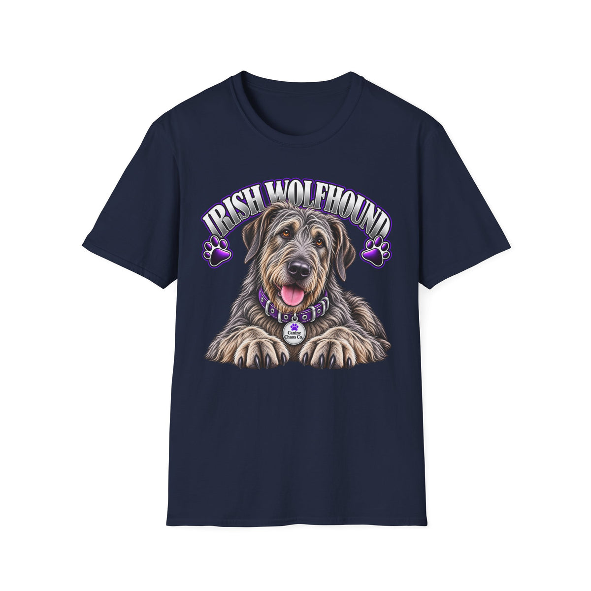 Irish Wolfhound Dog T-Shirt – Cute Portrait with Purple Paws