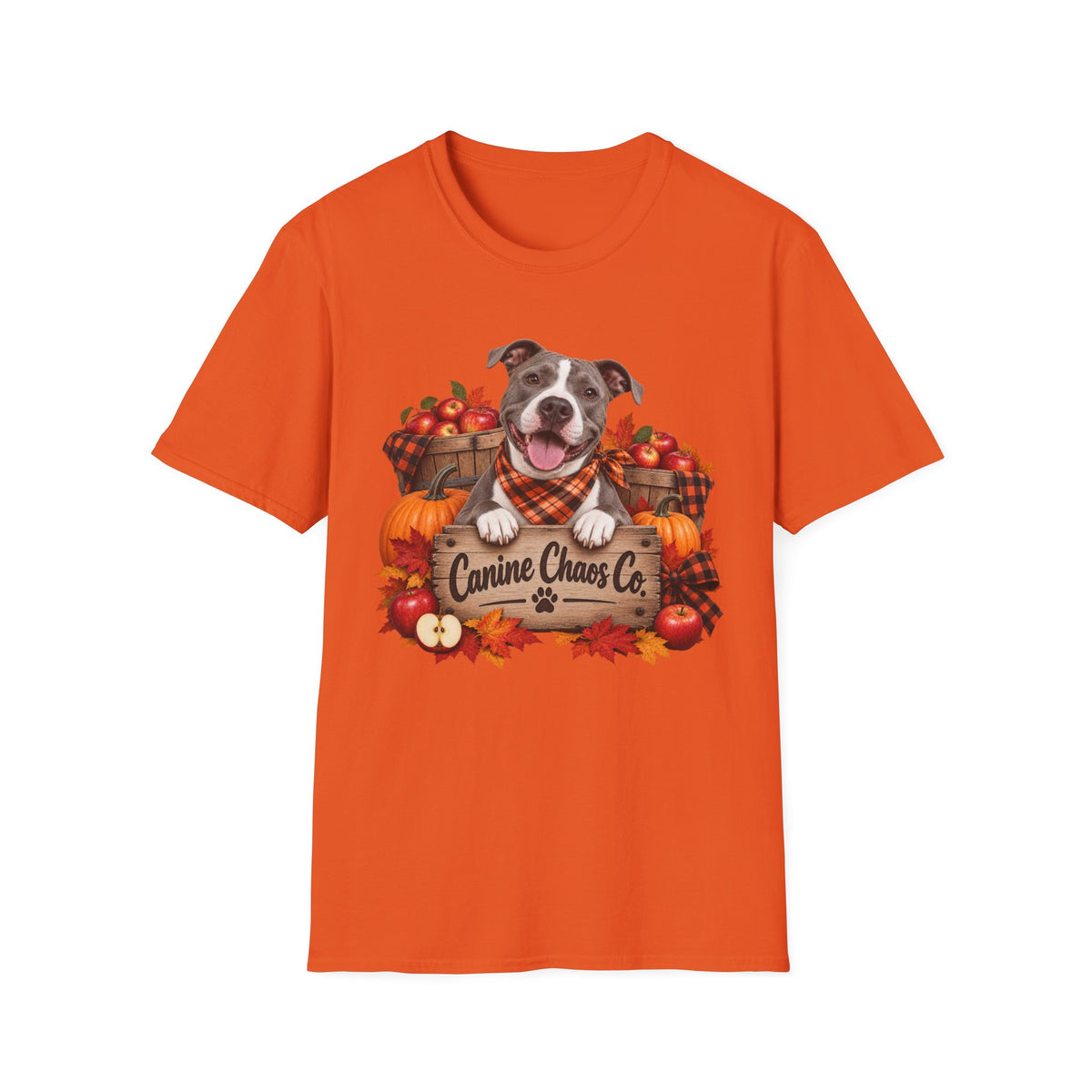 Fall Dog T-Shirt — 'Canine Chaos Co.' Autumn Pumpkin & Leaves Tee