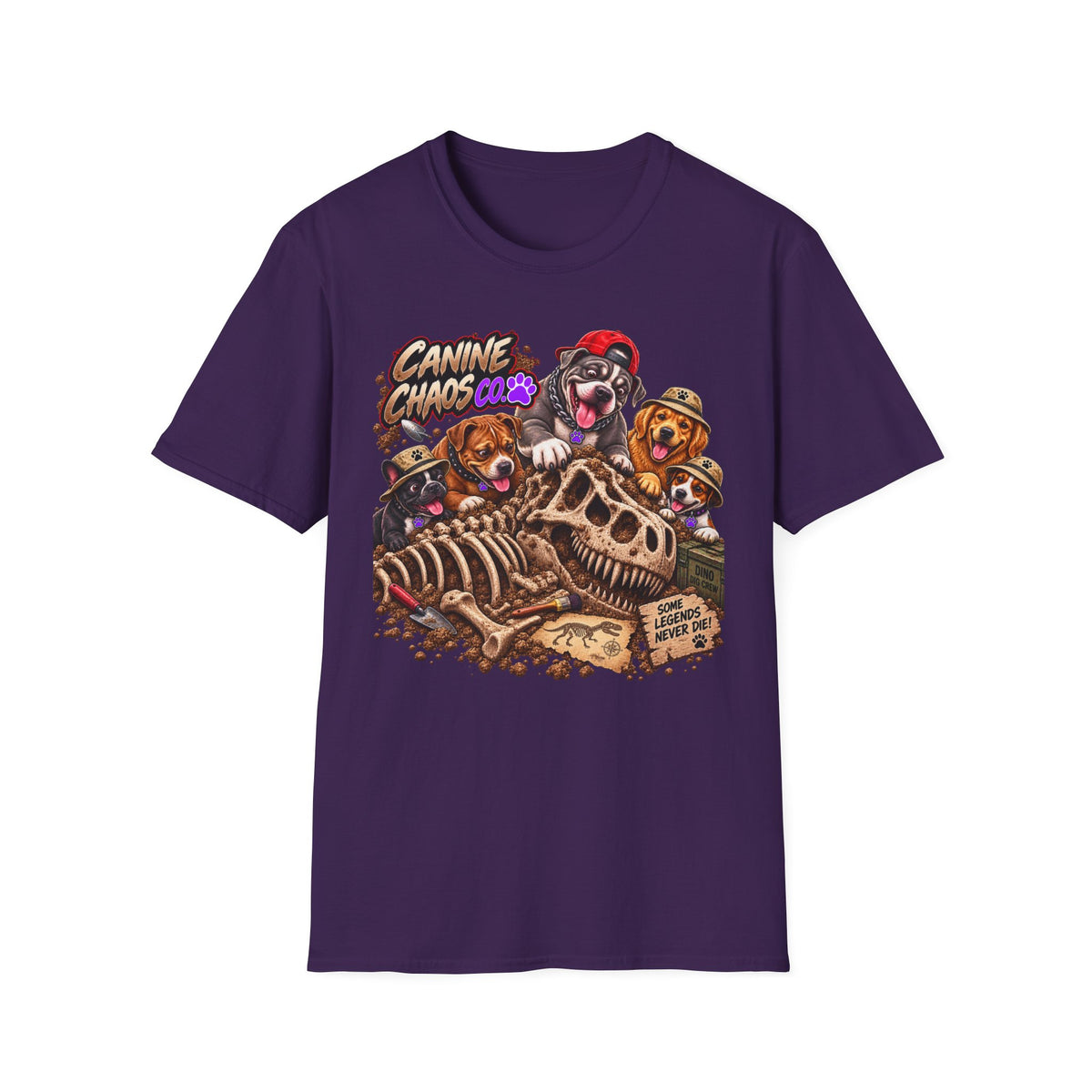 Canine Chaos Crew T-Shirt — Cute Dogs Digging Dinosaur Bones Graphic Tee