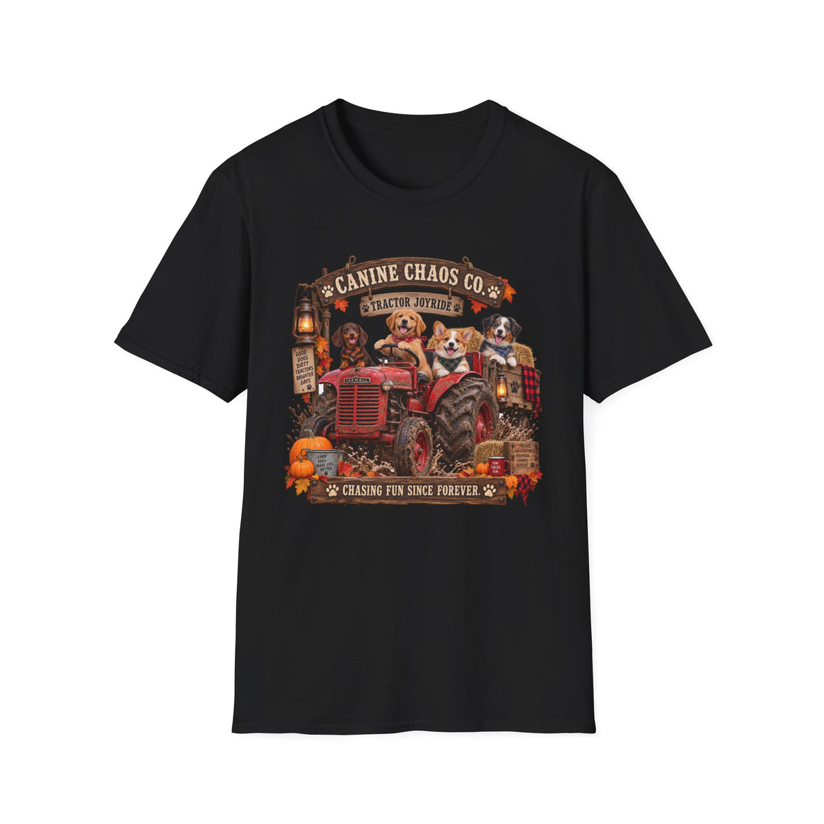 Canine Chaos Co. Fall Tractor T-Shirt — Cute Dogs on Tractor, Harvest & Pumpkin Farm Tee