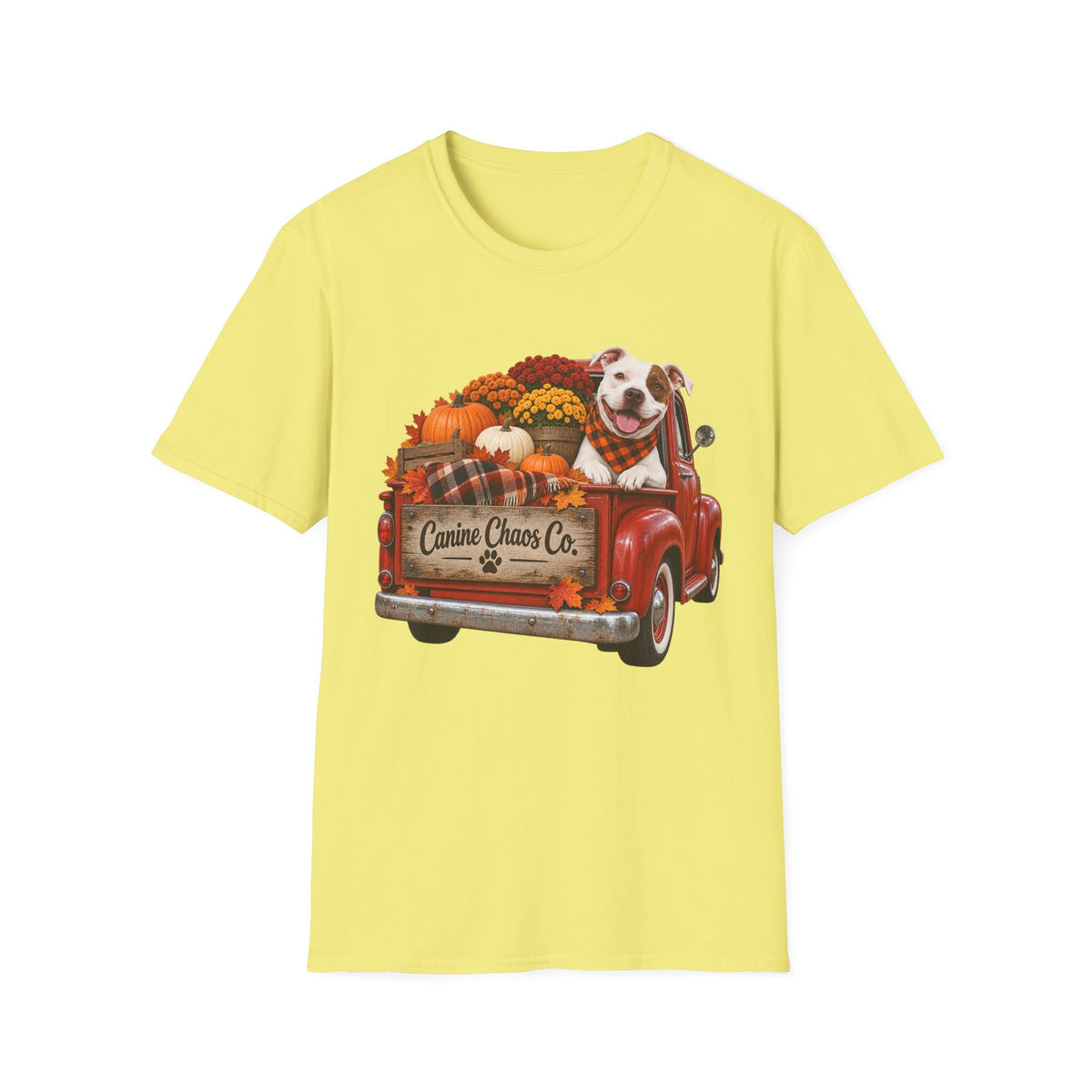 Fall Pickup Truck Dog T-Shirt — "Canine Chaos Co." Autumn Pet Tee