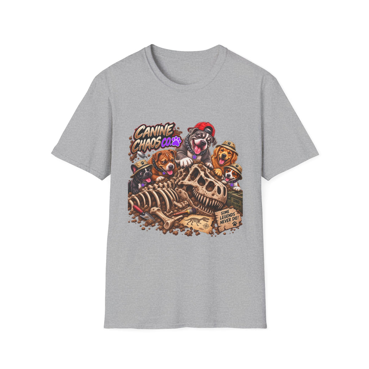 Canine Chaos T‑Shirt — Dogs Digging Up Dinosaur Bones Graphic Tee