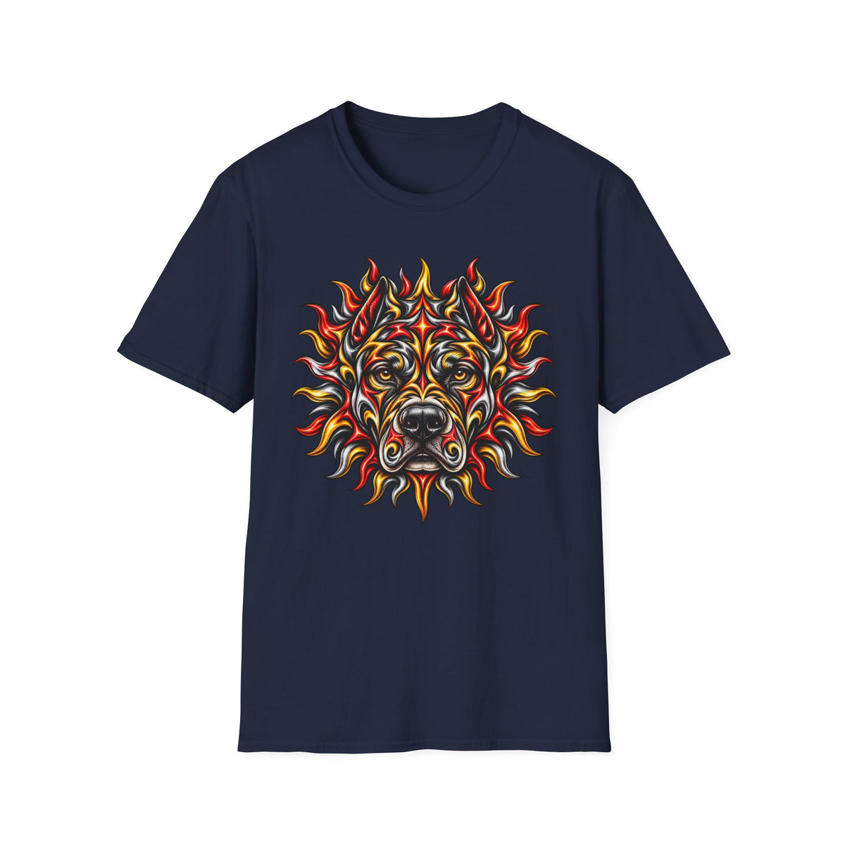Flaming Pit Bull Face Graphic T‑Shirt