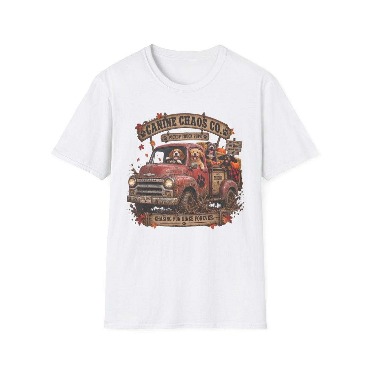 Canine Chaos Co. Vintage Dog Truck T-Shirt — Dogs Riding Pickup Graphic Tee