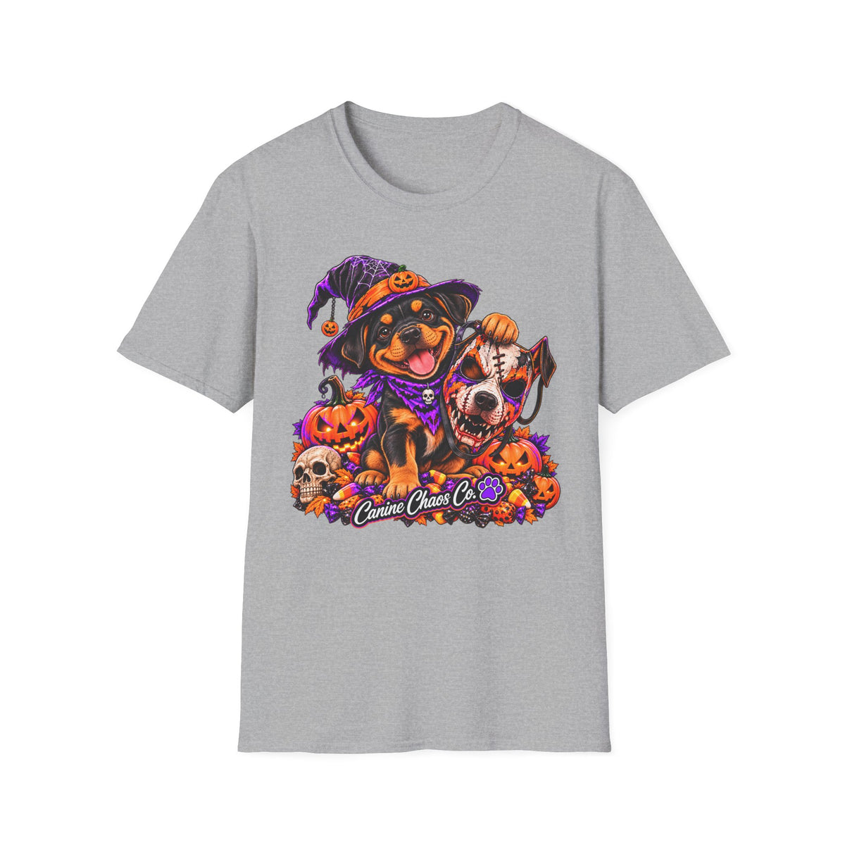 Halloween puppy T-Shirt — Cute Witch Dog with Pumpkins & Skulls