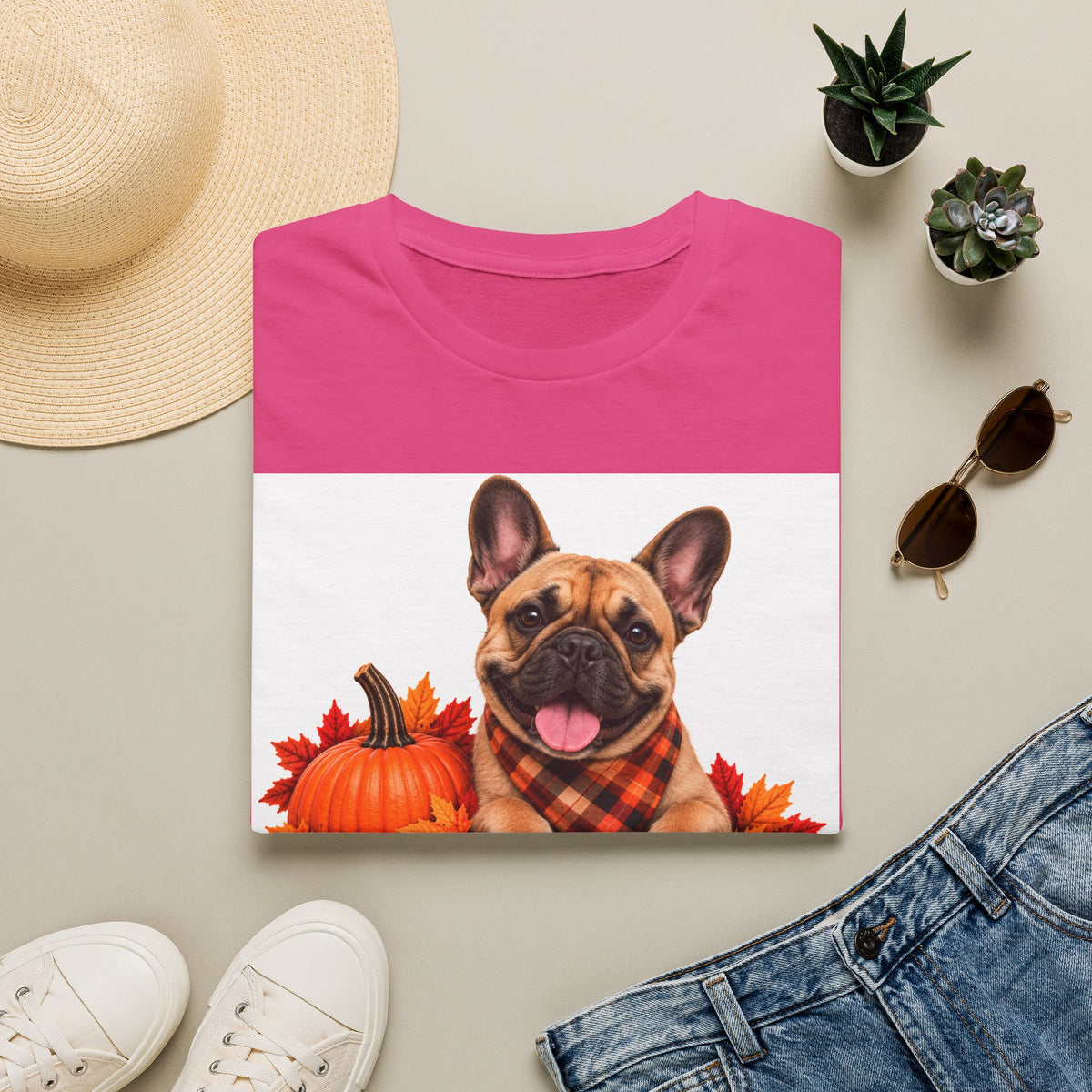 French Bulldog Fall T‑Shirt — 'Canine Choc Co.' Pumpkin & Plaid Dog Tee