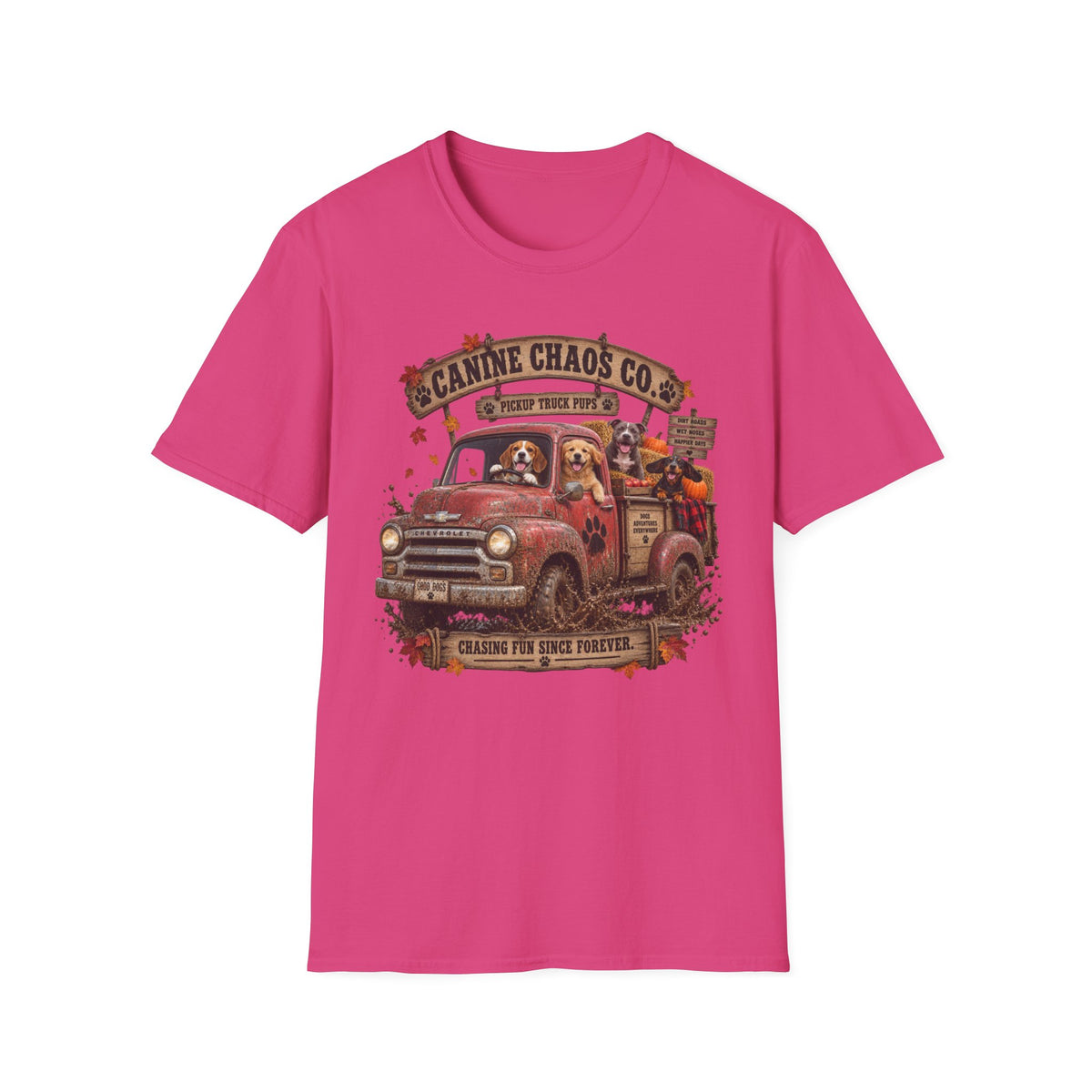 Canine Chaos Co. Vintage Dog Truck T-Shirt — Dogs Riding Pickup Graphic Tee