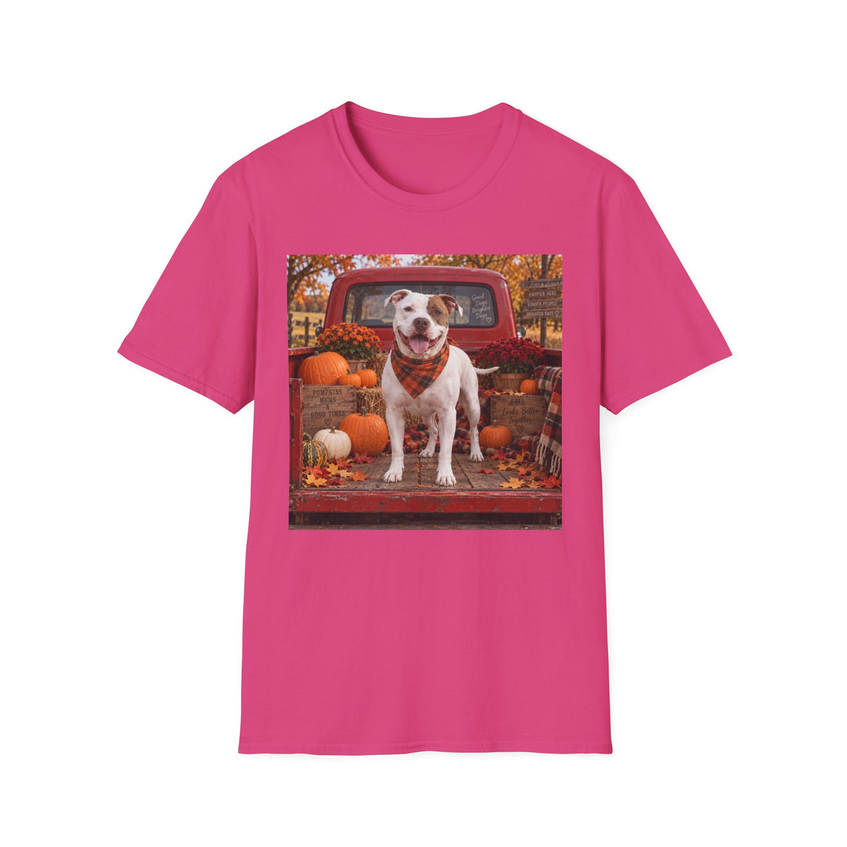 Dog & Pumpkins Fall T-Shirt — Cute Pitbull in Pickup Truck Autumn Tee