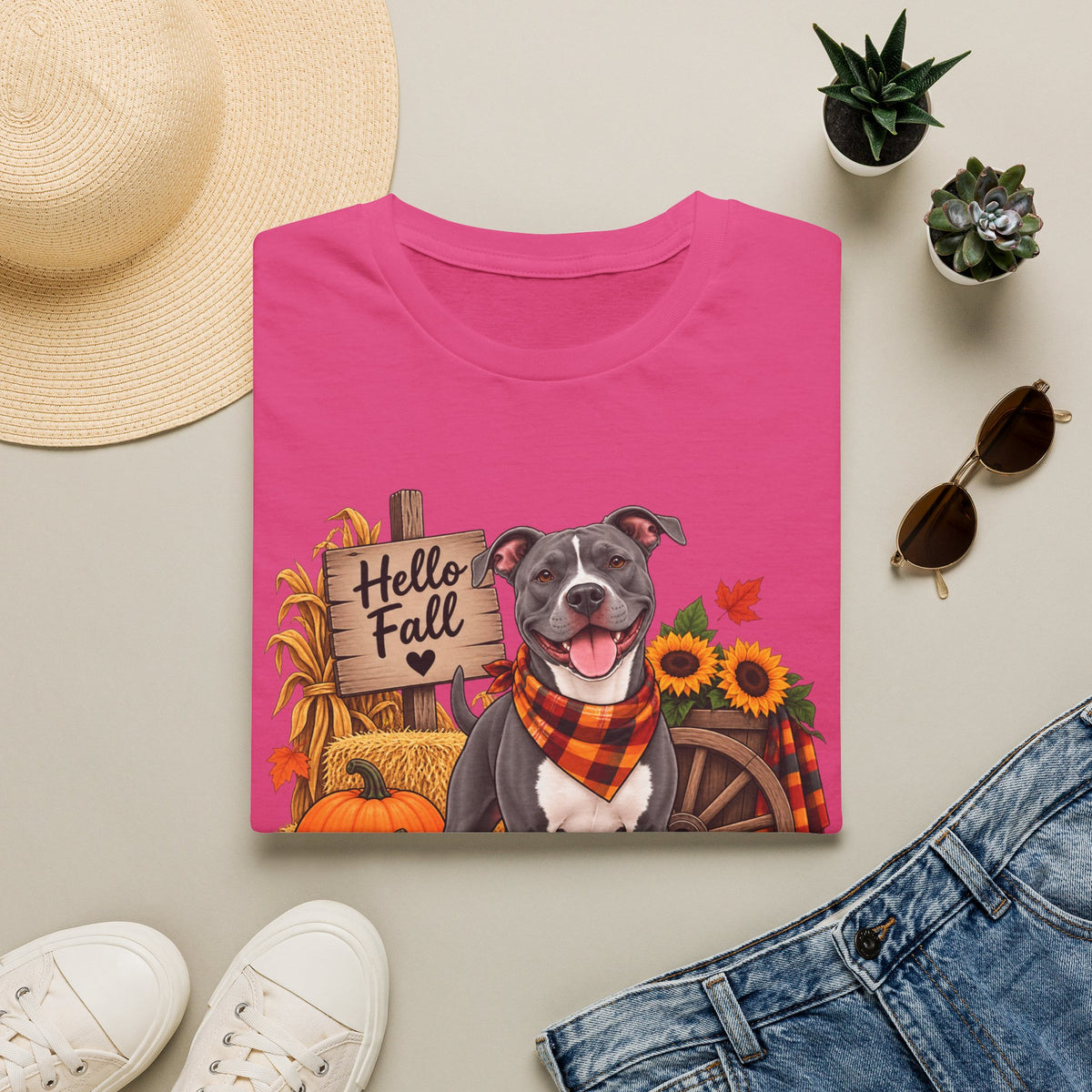 Hello Fall Dog T-Shirt — Autumn Pumpkins & Sunflowers Graphic Tee
