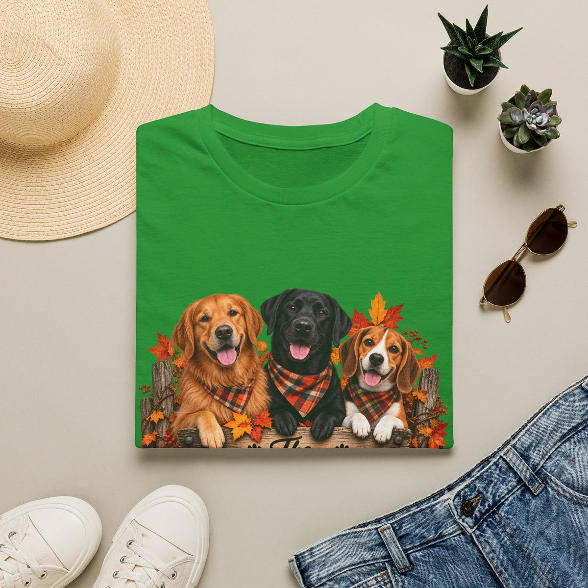 Three Fall Dogs T-Shirt | Autumn Leaves Labrador Beagle Graphic