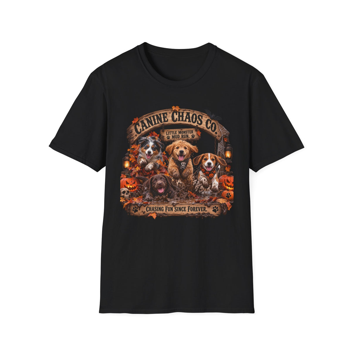 Canine Chaos Co. T-Shirt – Cute Puppies Autumn Floral Graphic Tee
