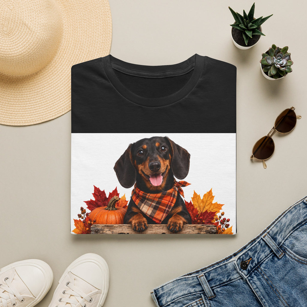 Dachshund Fall Tee — "Canine Chaos Co." Plaid Scarf Autumn Dog T-Shirt