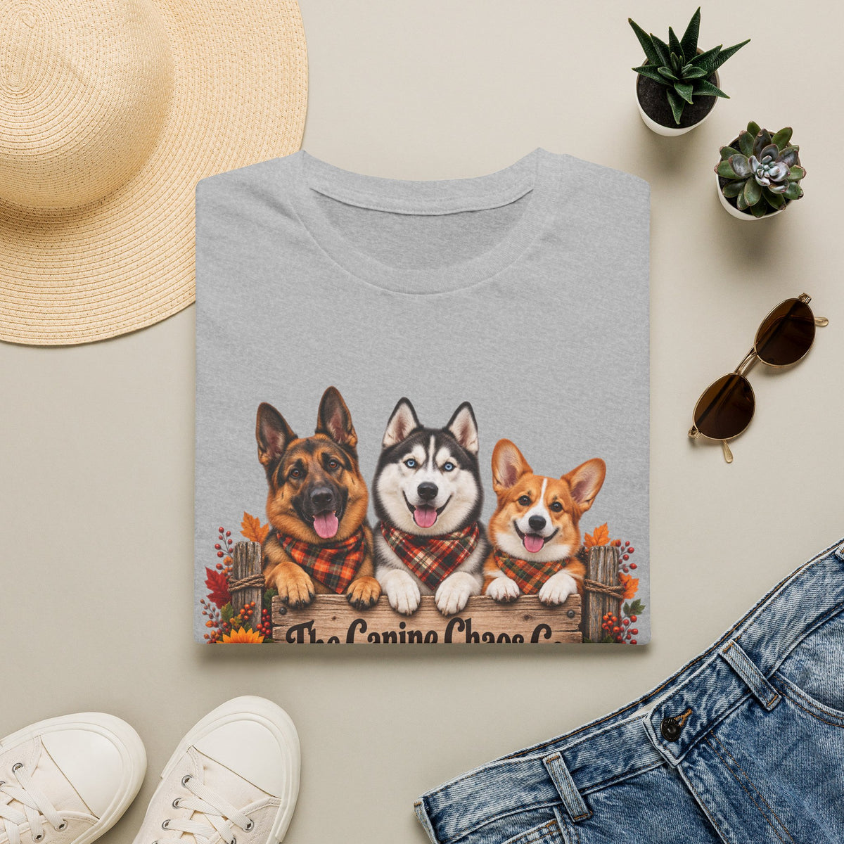 Three Dogs Fall Plaid Design T-Shirt | German Shepherd Husky Corgi