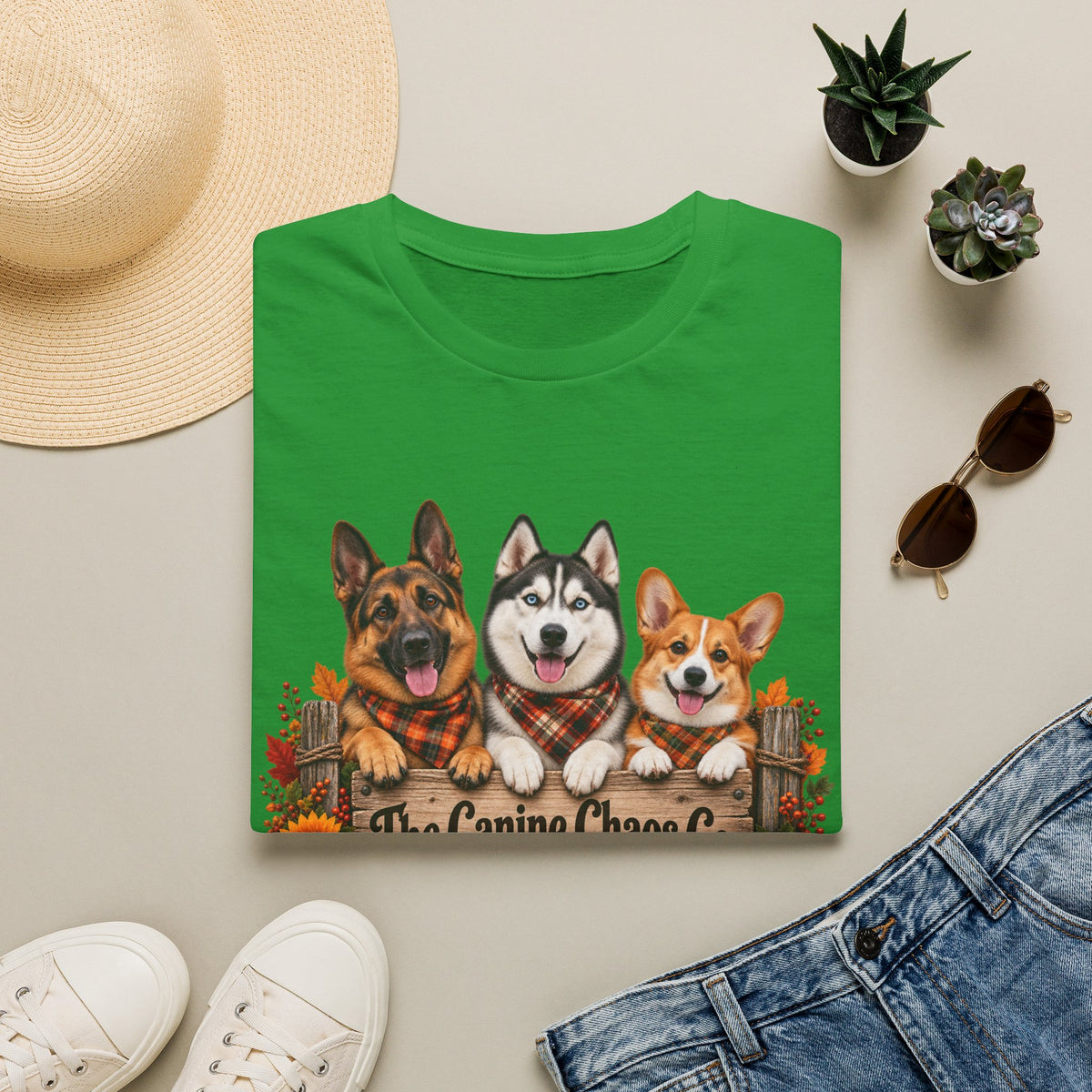Three Dogs Fall Plaid Design T-Shirt | German Shepherd Husky Corgi