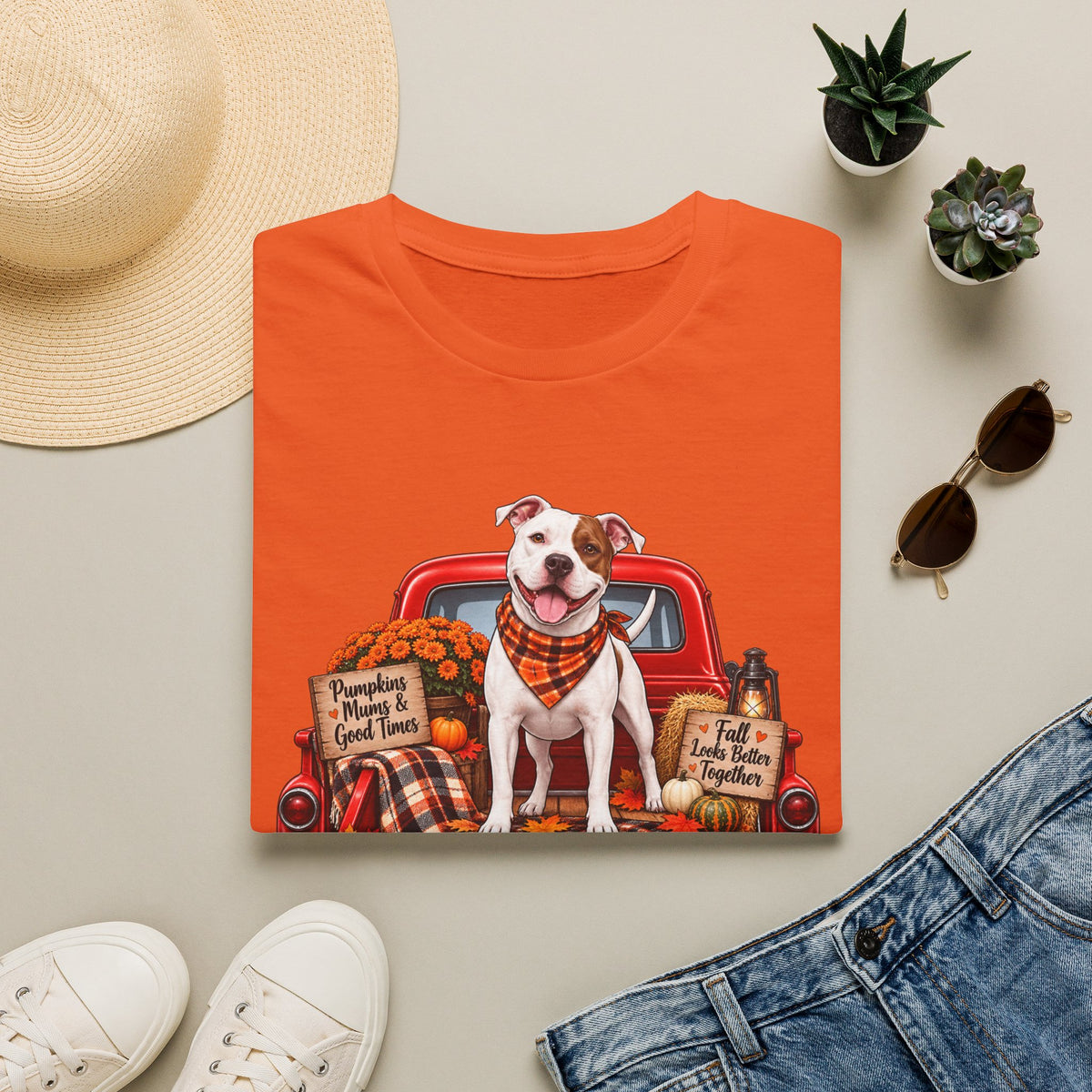 T-Shirt — Fall Dog on Vintage Truck Graphic (Pumpkins, Plaid, "Pumpkins, Family & Good Times")