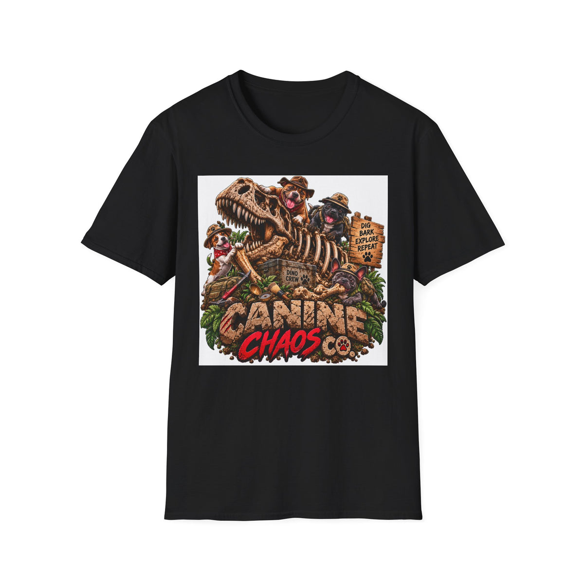 Canine Chaos Co. T-Shirt – Dino Skeleton Dog Adventure Graphic Tee