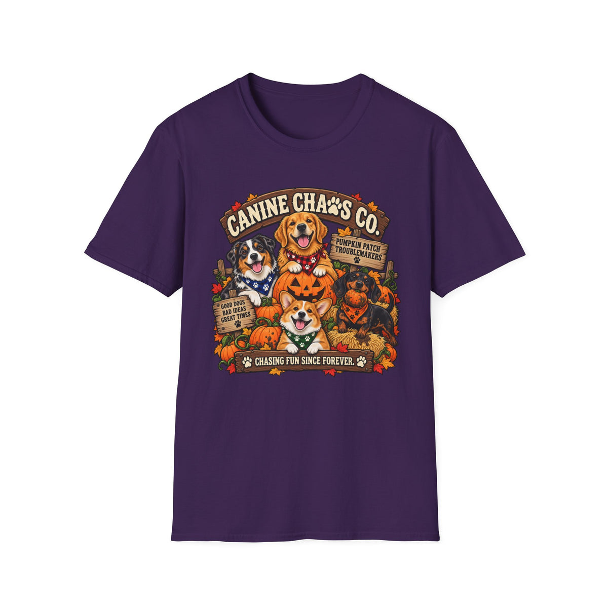 Canine Chaos Co. Halloween Dog T-Shirt — "Chasing Fun Since Forever" Cute Fall Puppy Tee