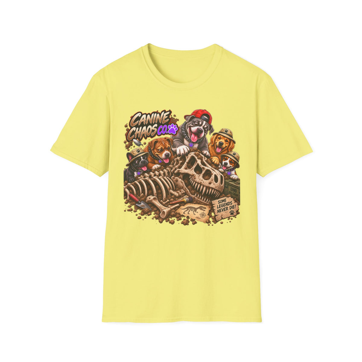 Canine Chaos Crew T-Shirt — Cute Dogs Digging Dinosaur Bones Graphic Tee