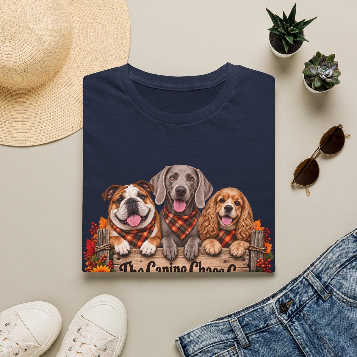 Dog Trio Fall Tee — "The Canine Chase Co." Autumn Puppies T-Shirt