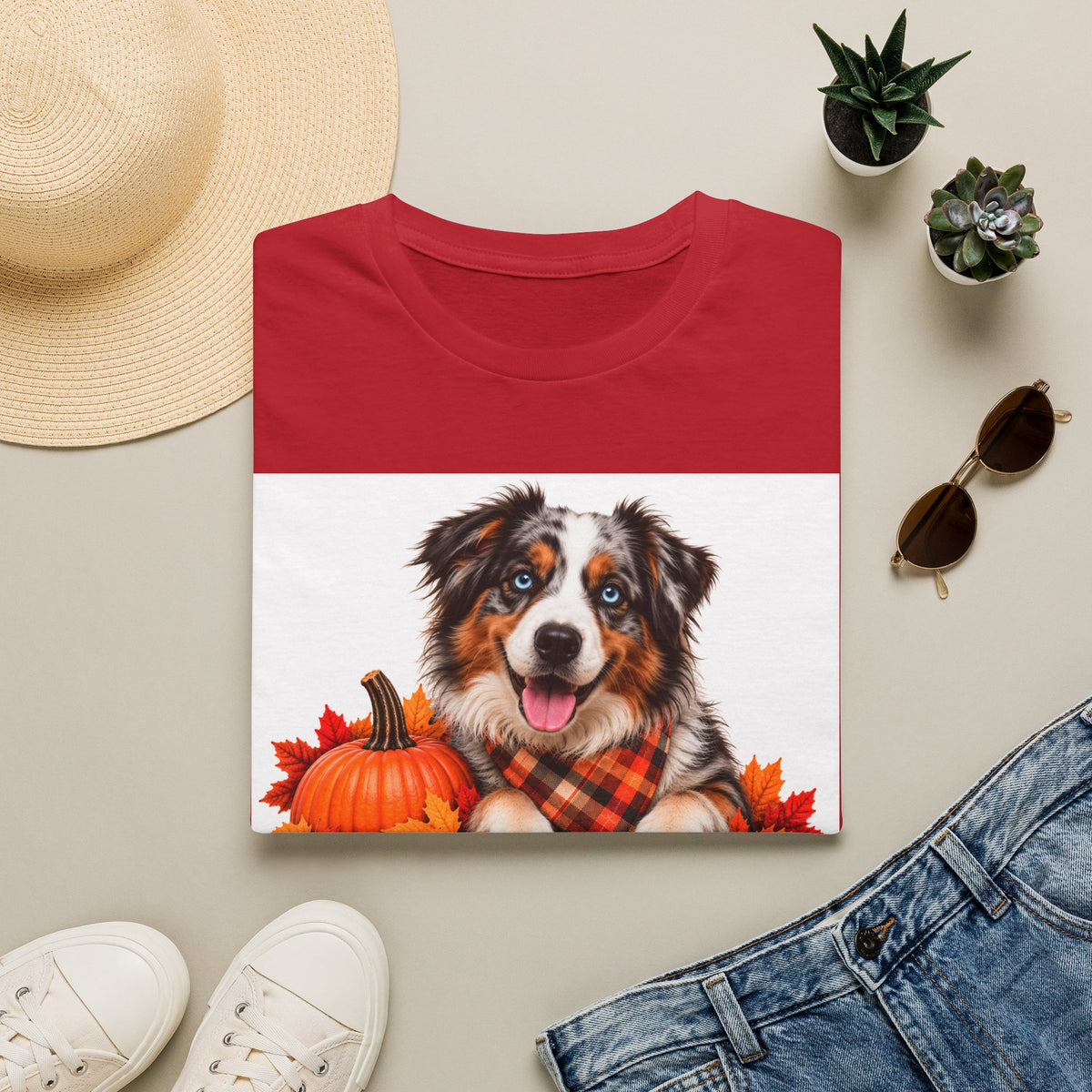 Autumn Aussie Dog T-Shirt — "Canine Chest Co." Fall Pumpkin Plaid Tee