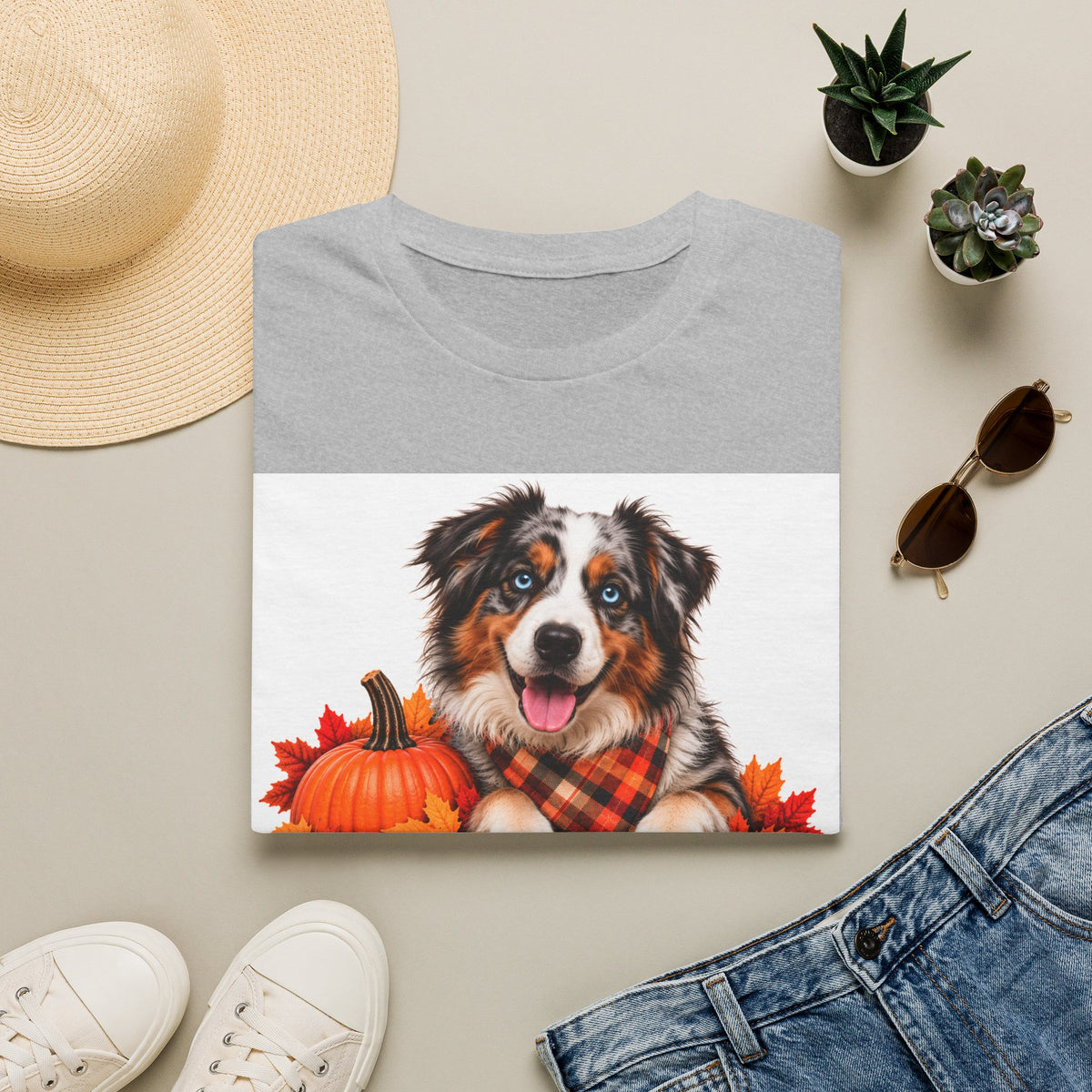 Autumn Aussie Dog T-Shirt — "Canine Chest Co." Fall Pumpkin Plaid Tee