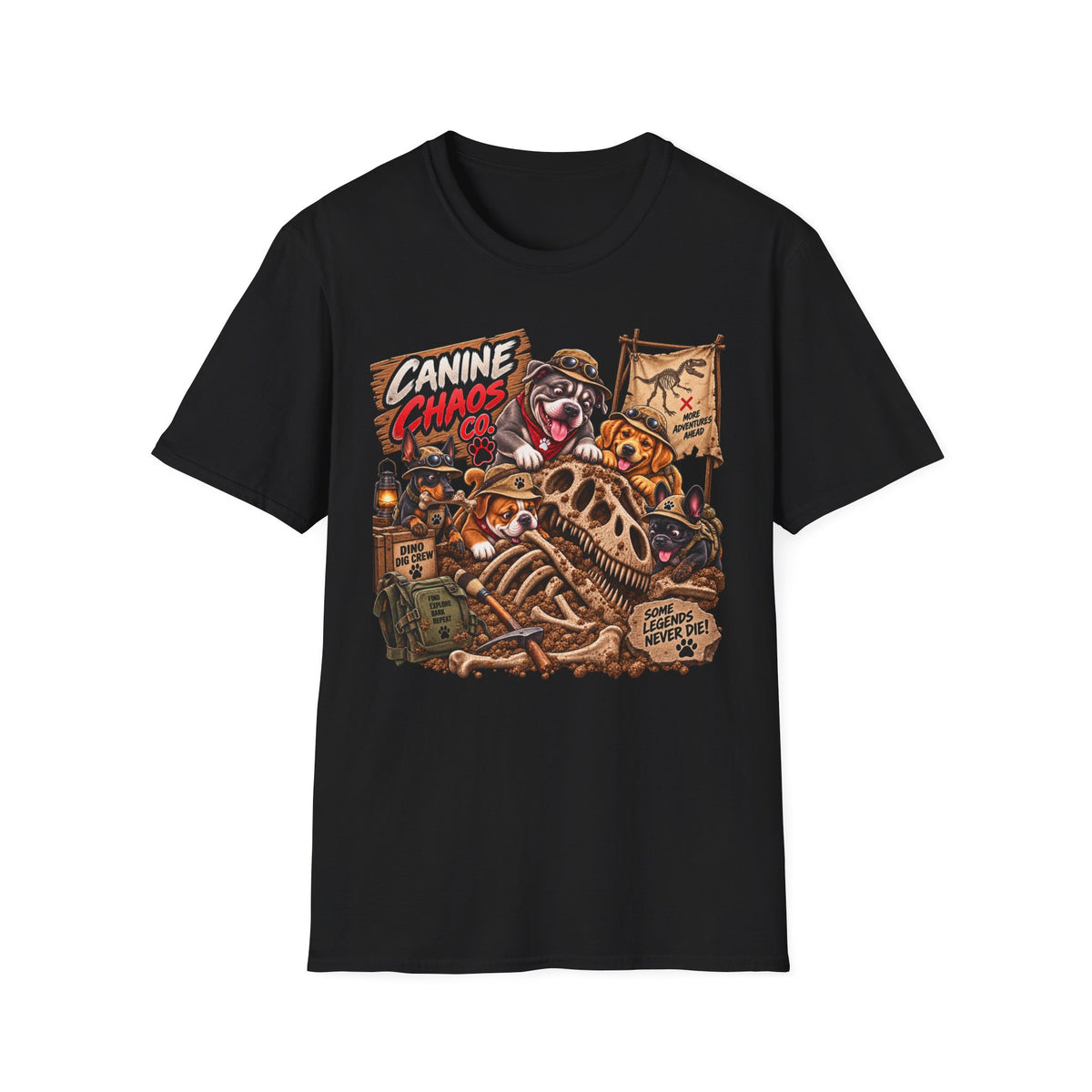 Canine Chaos Co. Graphic T‑Shirt — Funny Dog Skeleton Adventure Tee