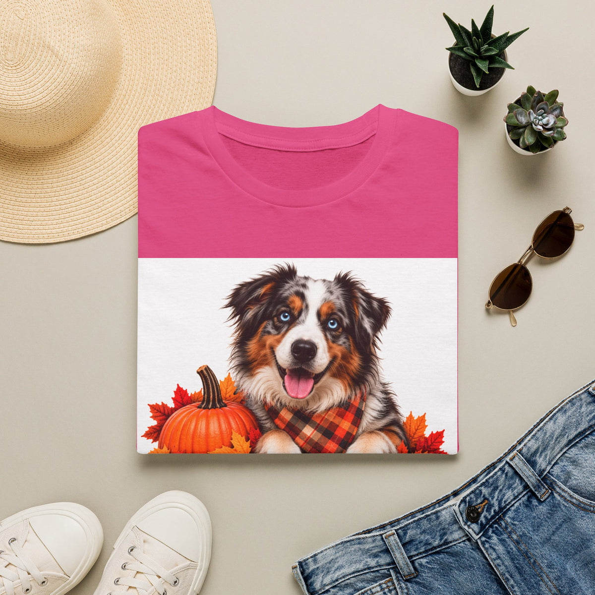 Autumn Aussie Dog T-Shirt — "Canine Chest Co." Fall Pumpkin Plaid Tee