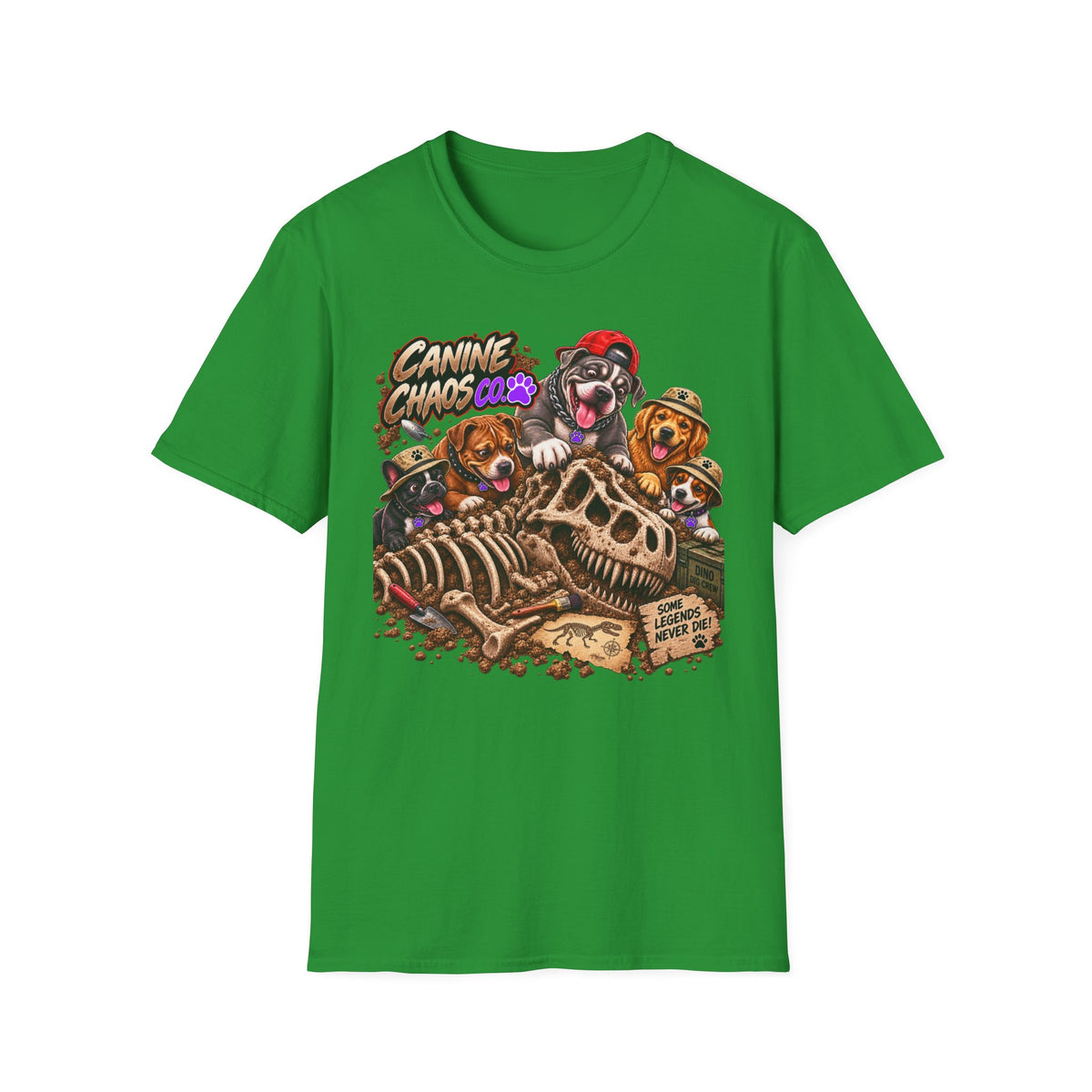 Canine Chaos Crew T-Shirt — Cute Dogs Digging Dinosaur Bones Graphic Tee