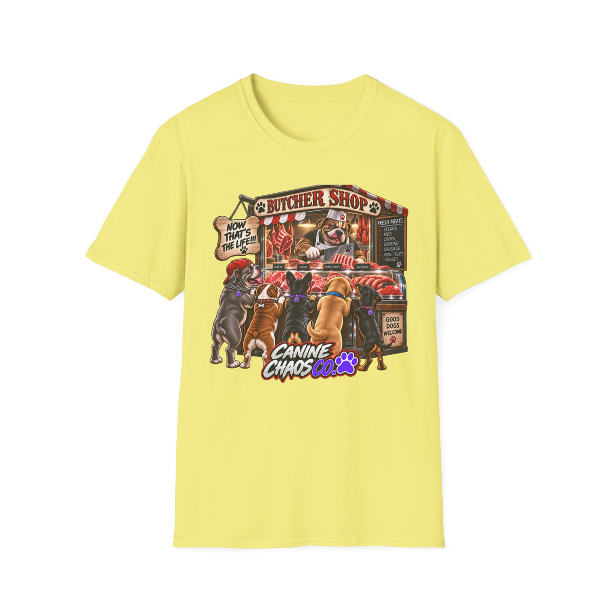 Canine Chaos Butcher Shop T-Shirt — Funny Dog Lover Graphic Tee