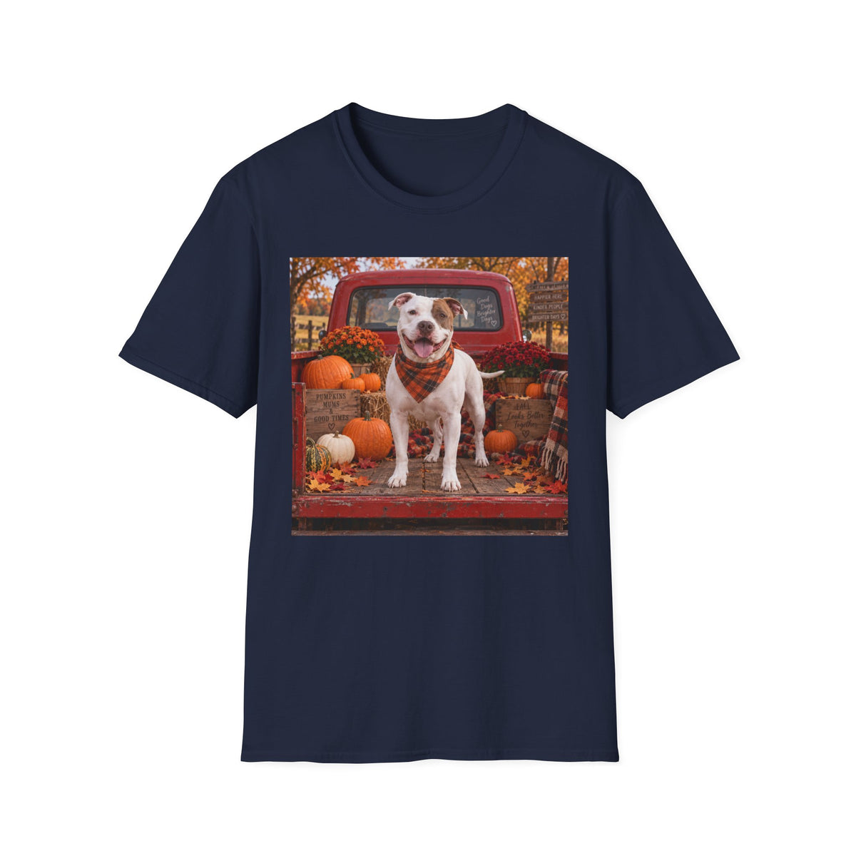 Dog & Pumpkins Fall T-Shirt — Cute Pitbull in Pickup Truck Autumn Tee