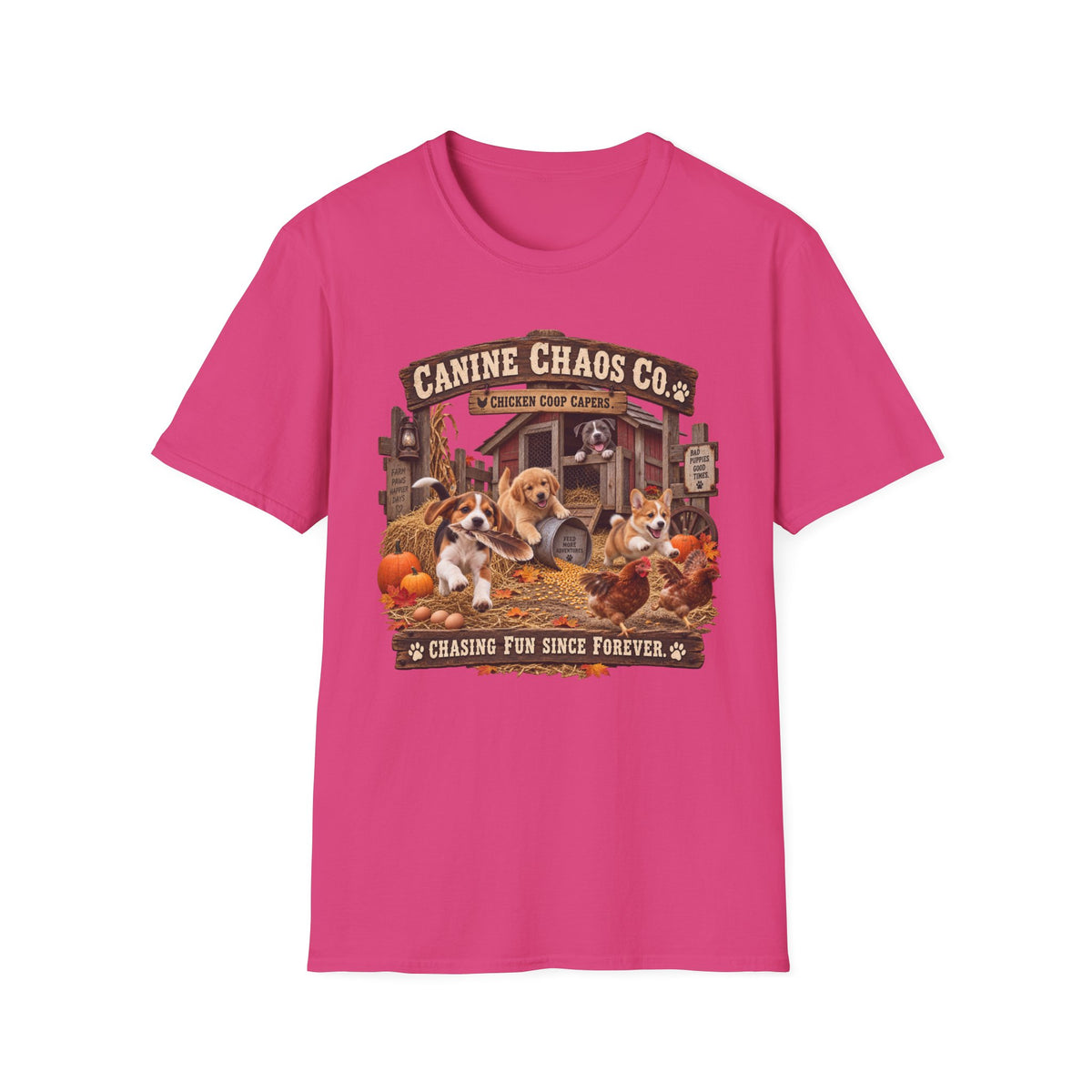 Canine Chaos Co. Fall Dogs T-Shirt — "Chasing Fun Since Forever"