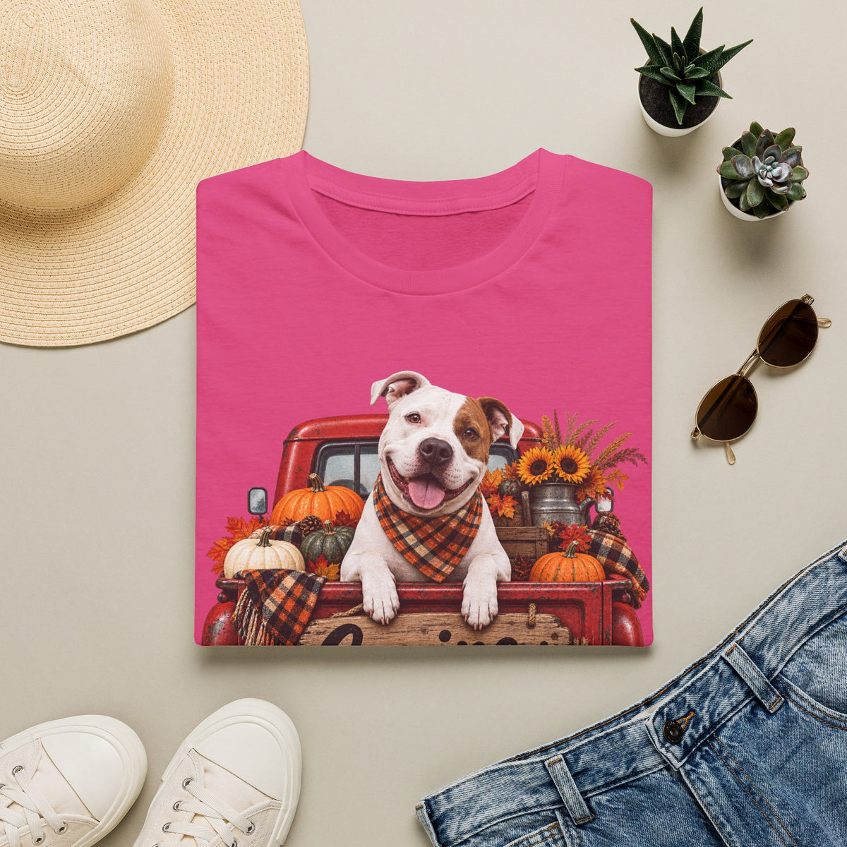 Dog Truck Fall T-Shirt — Cute Pitbull with Pumpkins & Sunflowers