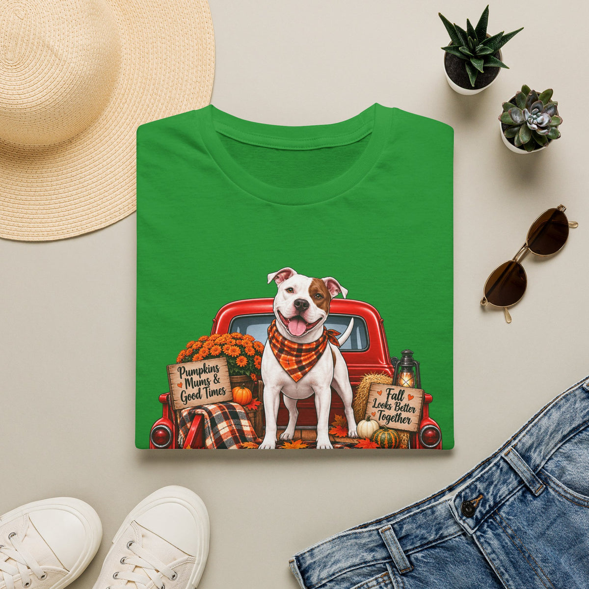 T-Shirt — Fall Dog on Vintage Truck Graphic (Pumpkins, Plaid, "Pumpkins, Family & Good Times")