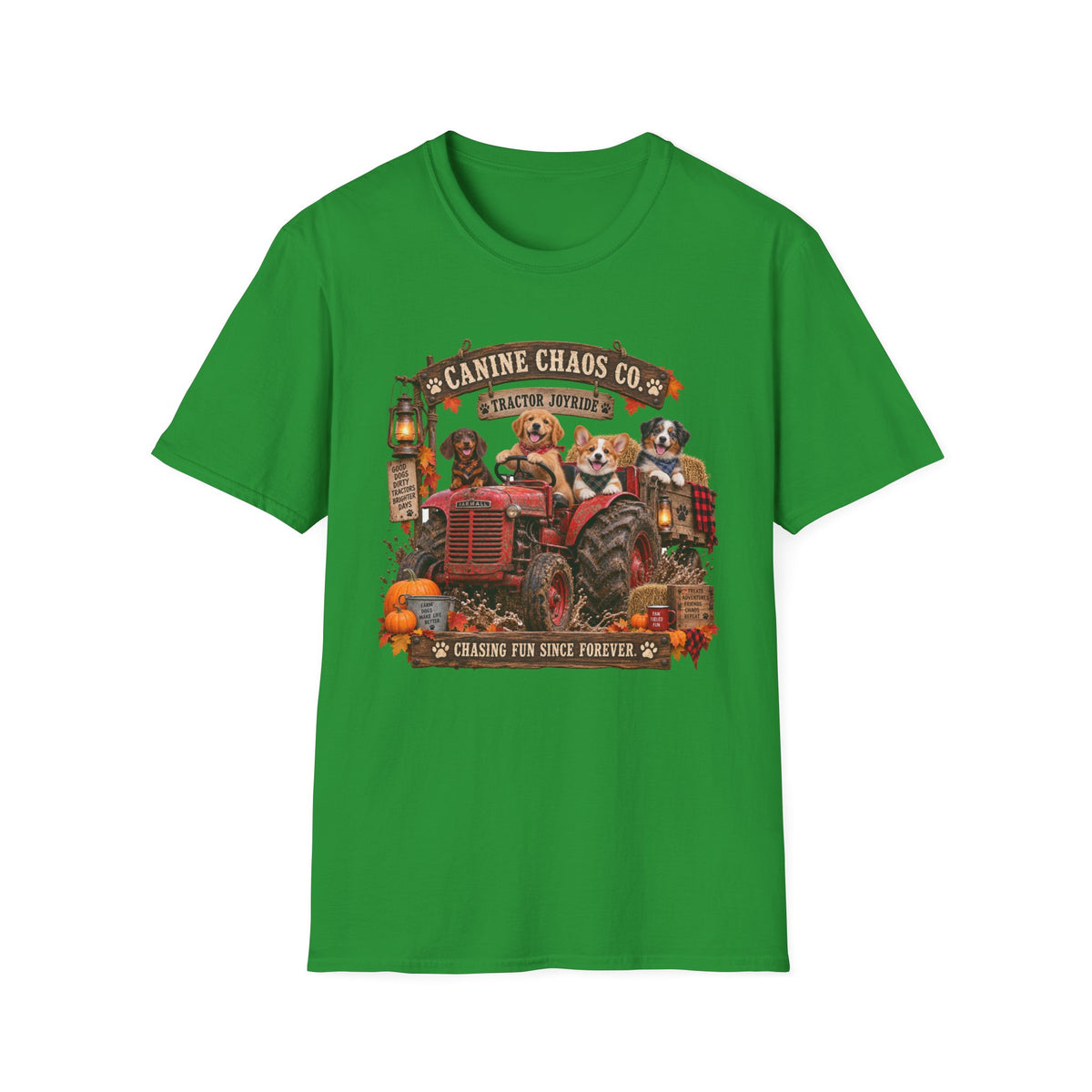 Canine Chaos Co. Fall Tractor T-Shirt — Cute Dogs on Tractor, Harvest & Pumpkin Farm Tee