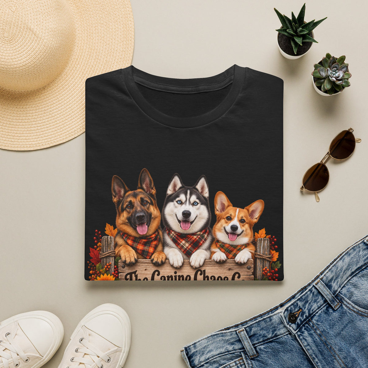 Three Dogs Fall Plaid Design T-Shirt | German Shepherd Husky Corgi