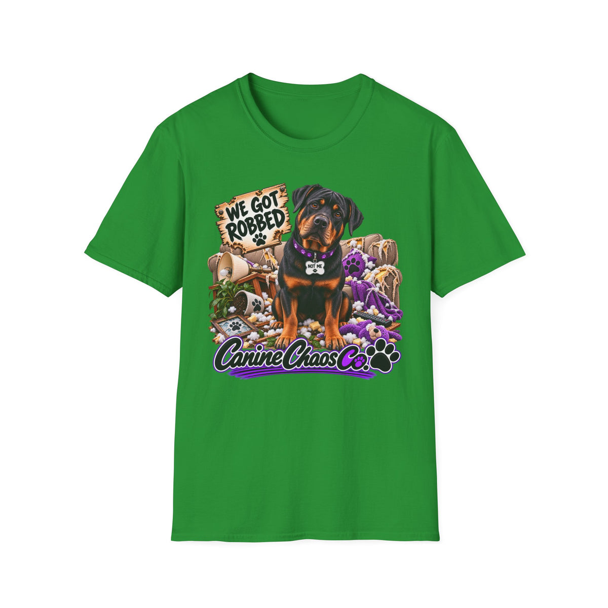 Rottweiler Dog Tee — "We Got Robbed" Canine Chaos Co. Graphic Shirt