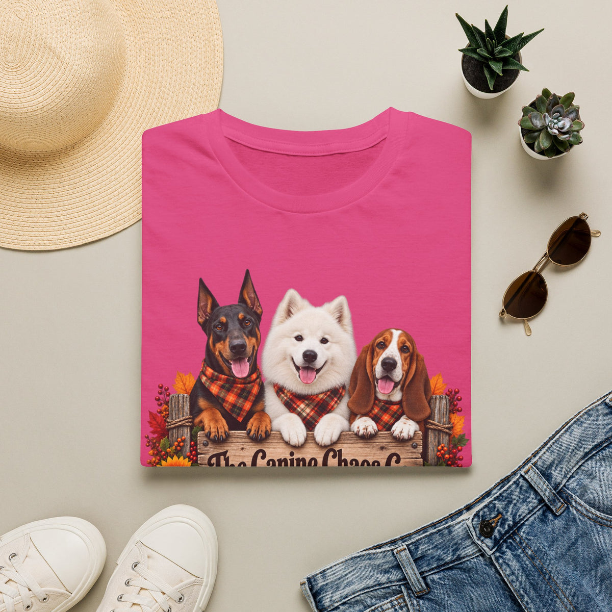 T-Shirt — Fall Dogs Trio "The Canine Chase Co." Plaid Pumpkin Tee