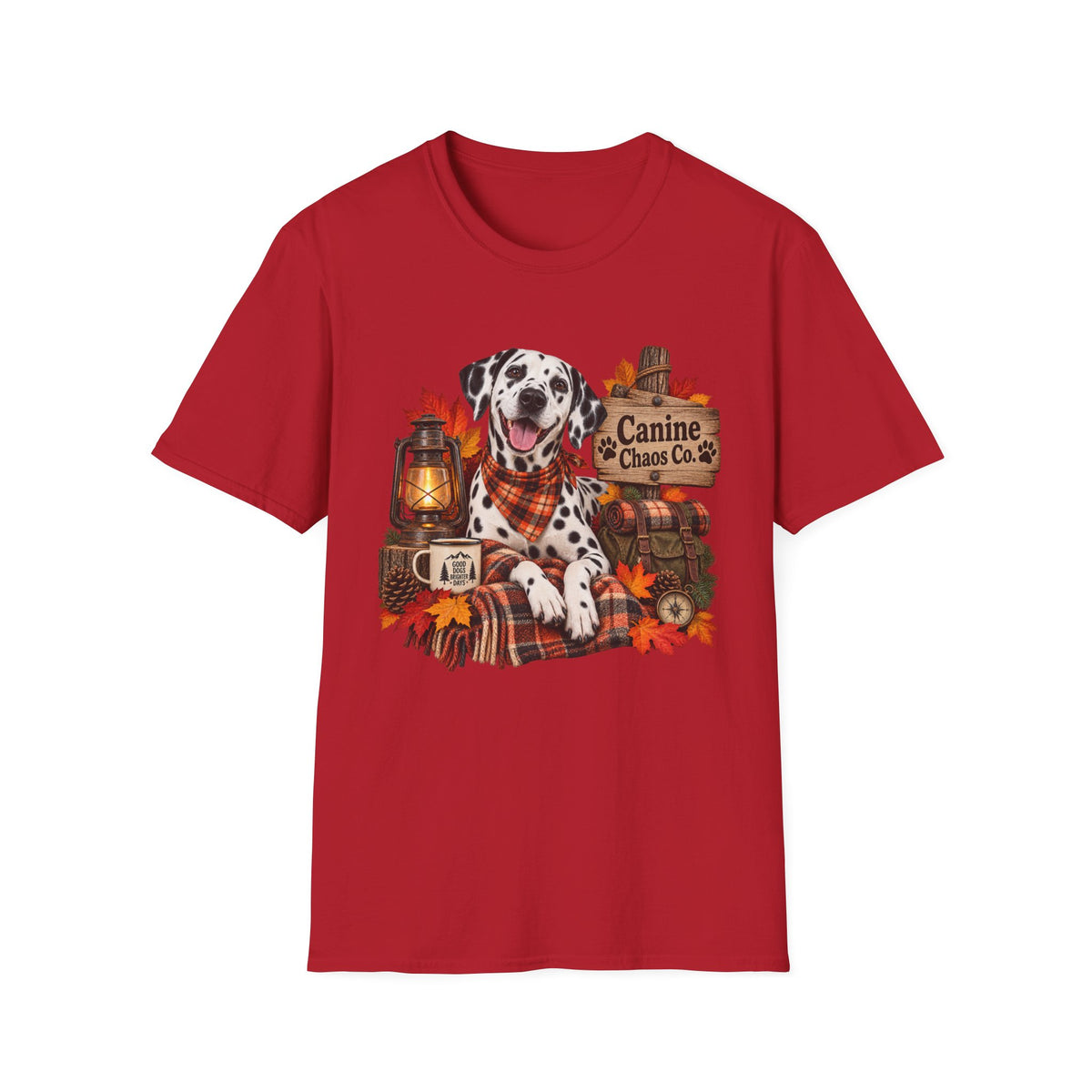 Dalmatian Autumn T-Shirt — "Canine Chaos Co." Fall Dog Tee