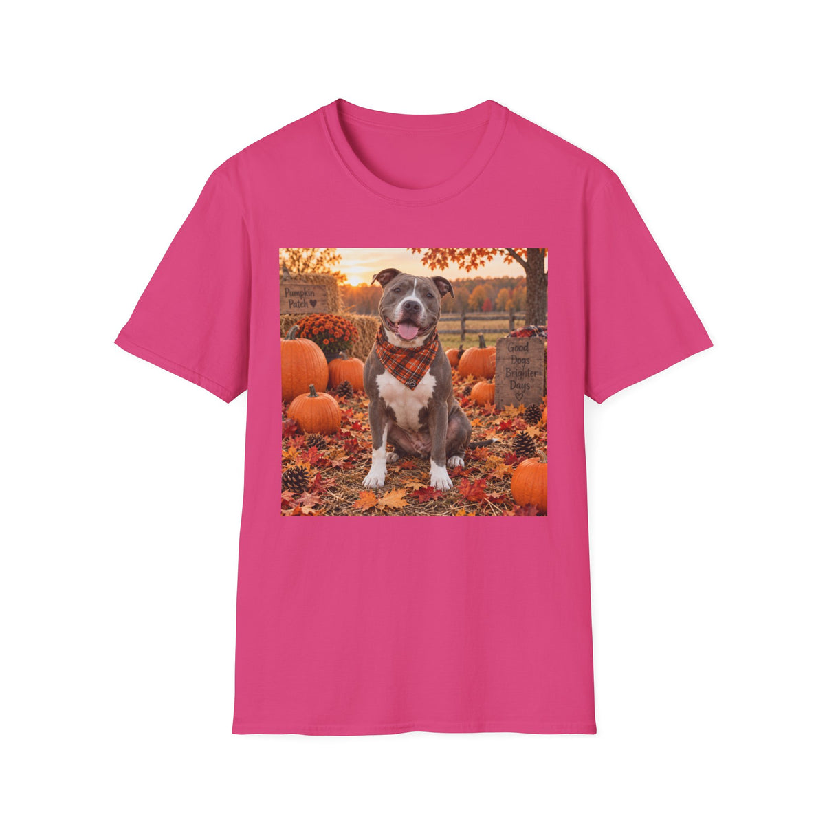 Fall Pumpkin Patch Dog T‑Shirt — Cute Pitbull in Autumn Scene