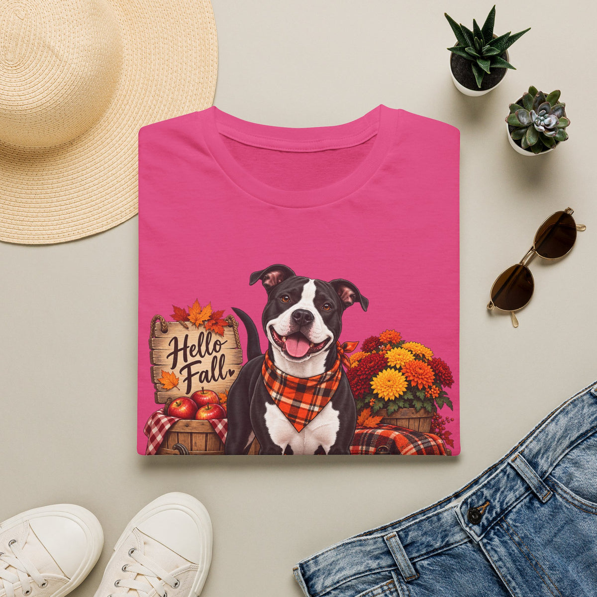 Hello Fall Dog T-Shirt — Thanksgiving Pumpkin & Plaid Pet Tee