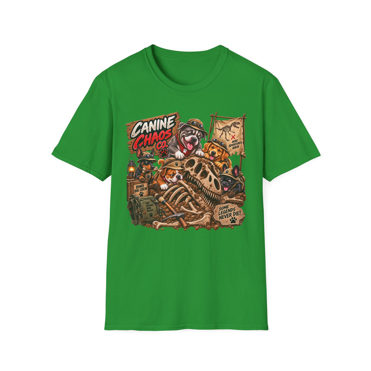 Canine Chaos Co. Graphic T‑Shirt — Funny Dog Skeleton Adventure Tee
