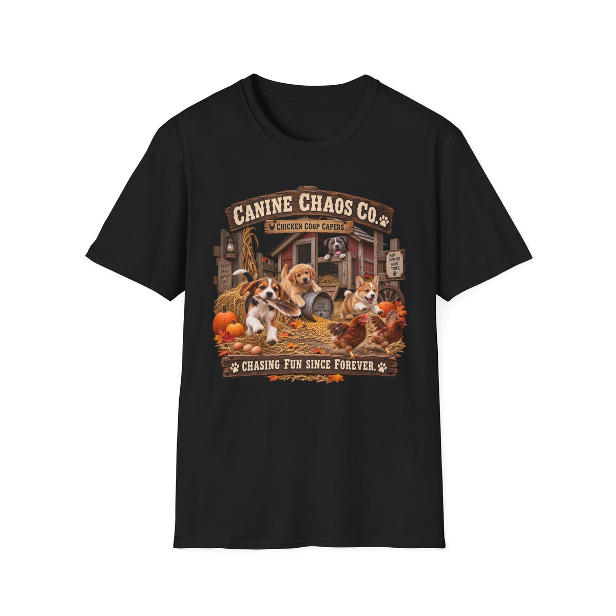 Canine Chaos Co. Fall Dogs T-Shirt — "Chasing Fun Since Forever"