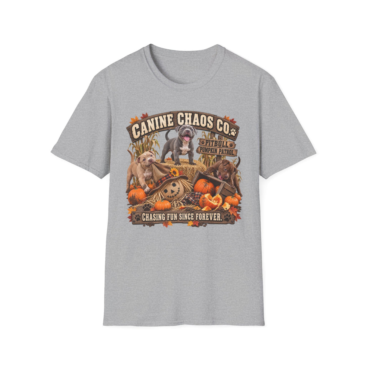 Canine Chaos Co. Fall Dogs T-Shirt — "Chasing Fun Since Forever"