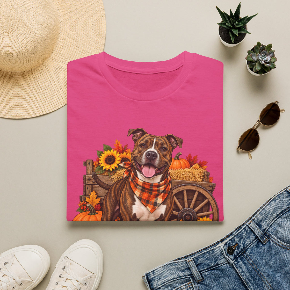 Fall Dog T‑Shirt — Brown Pitbull with Pumpkins & Sunflowers Autumn Tee