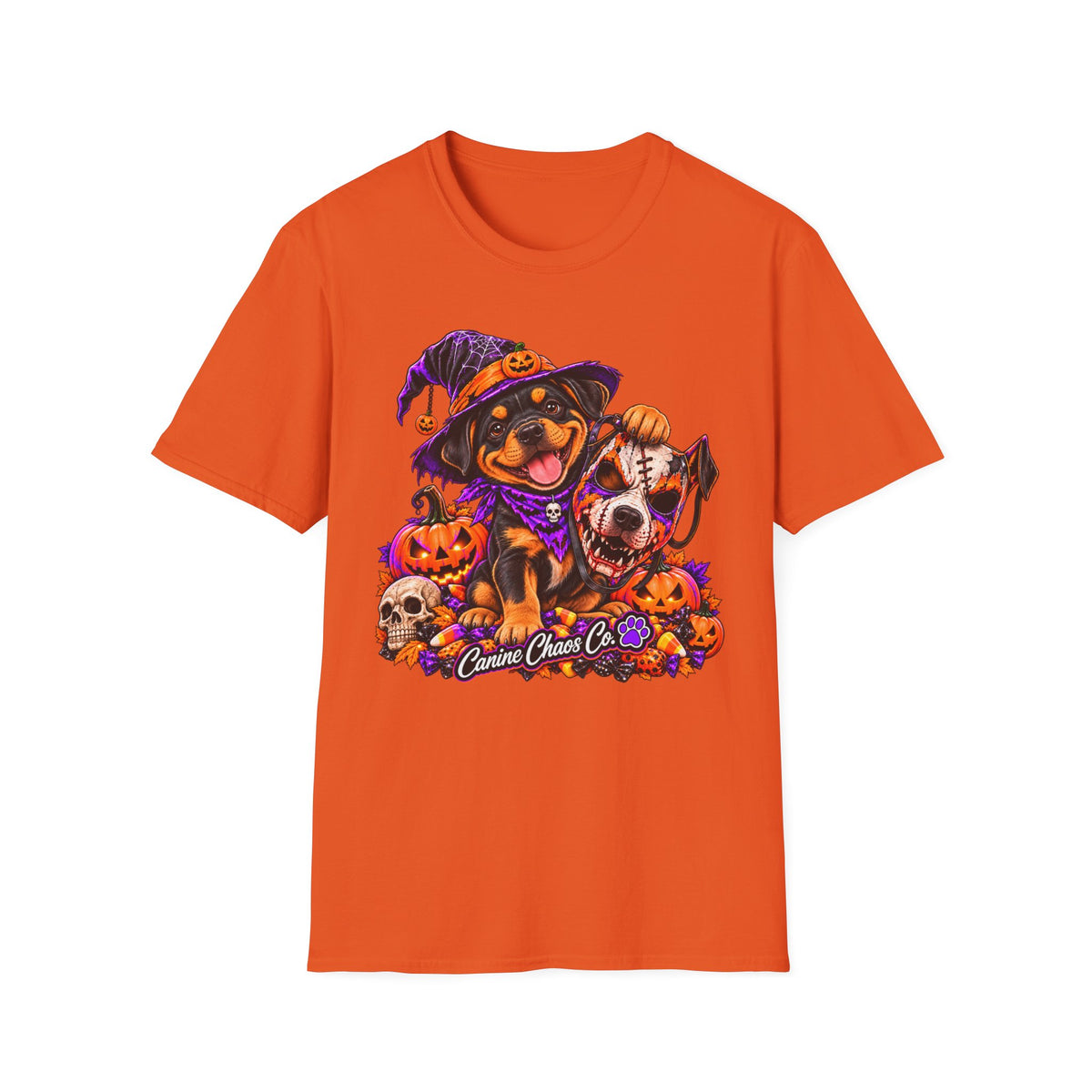 Halloween puppy T-Shirt — Cute Witch Dog with Pumpkins & Skulls