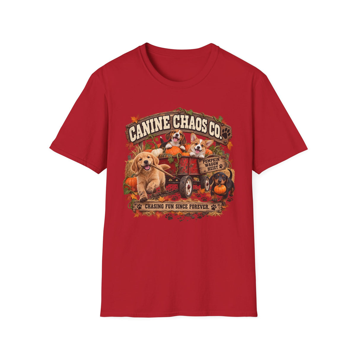Canine Chaos Co. Fall Dogs T-Shirt — "Chasing Fun Since Forever"