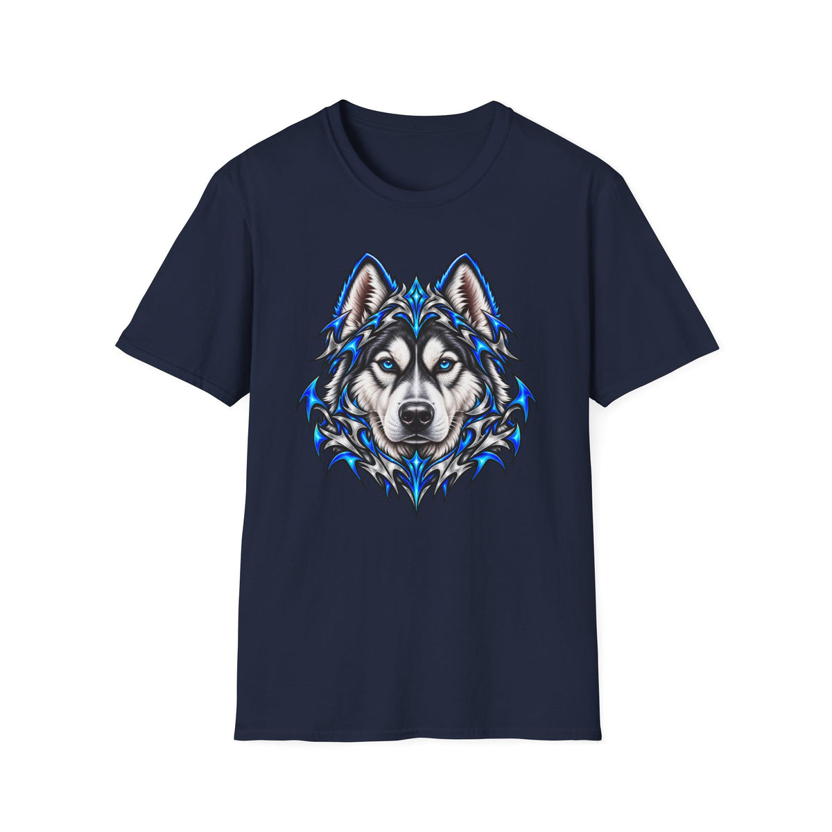 Husky Wolf Graphic T-Shirt — Blue Tribal Wolf Head Tee